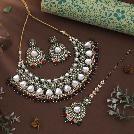 Maroon & Green Color Meena Work Kundan Necklace Set With Dual Elegance