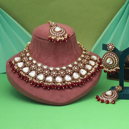 Maroon Color Meena Work Kundan Necklace Set With Royal Red Shine