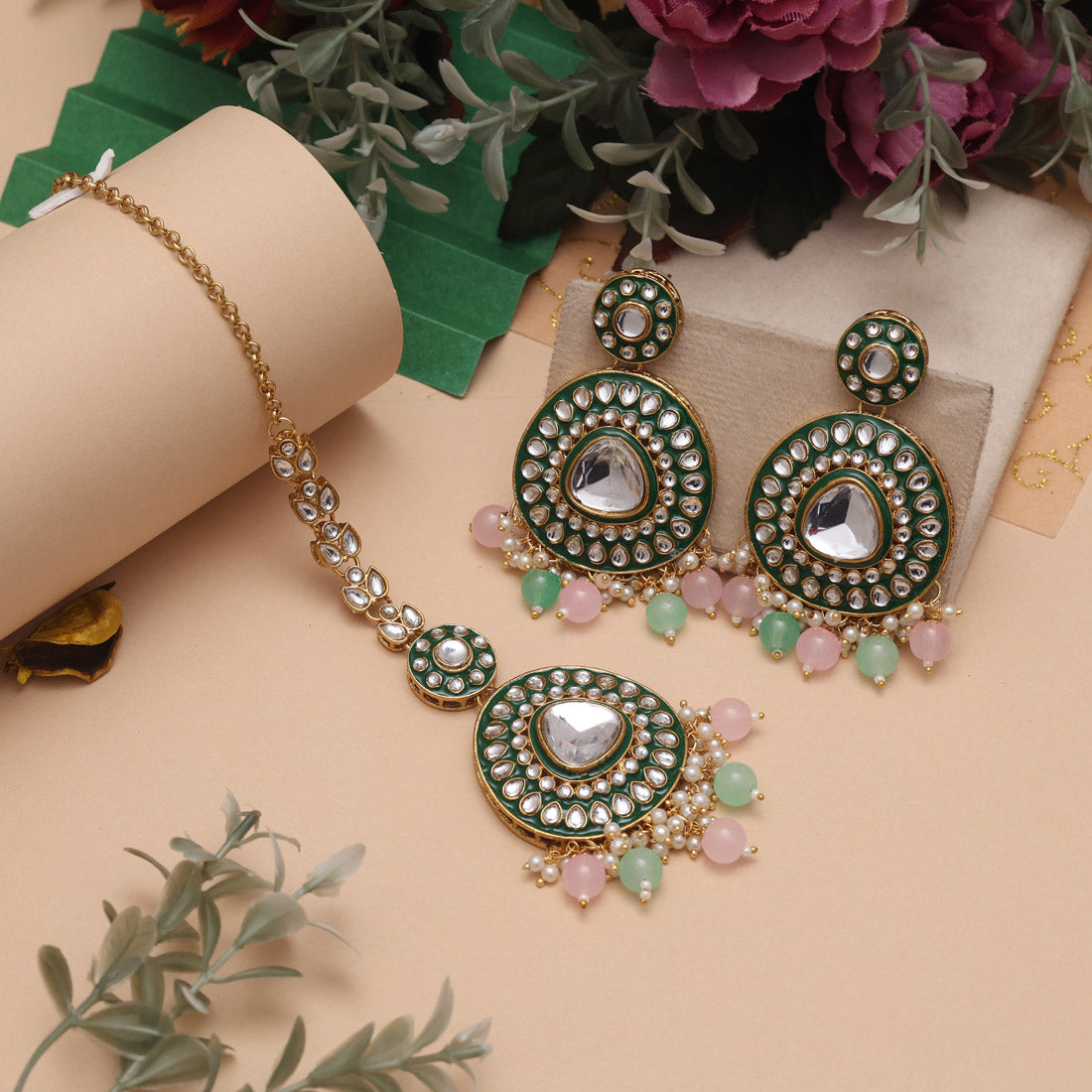 Pink & Pista Green Color Meena Work Kundan Necklace Set For Bridesmaids
