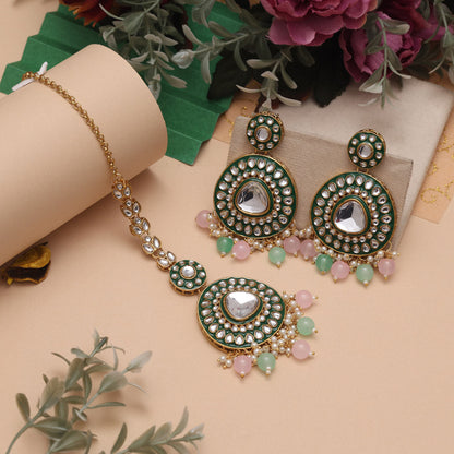Pink & Pista Green Color Meena Work Kundan Necklace Set For Bridesmaids