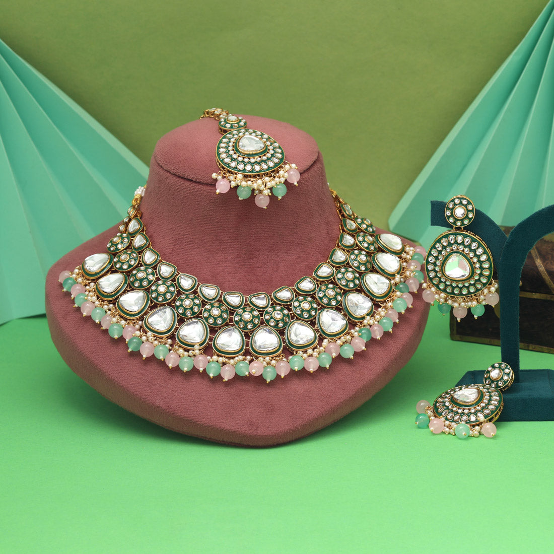 Pink & Pista Green Color Meena Work Kundan Necklace Set For Bridesmaids
