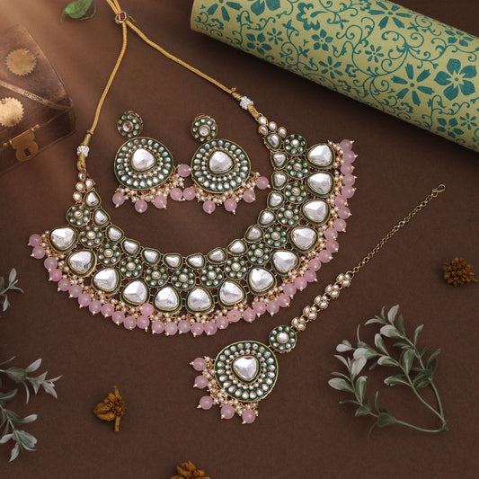 Pink Color Meena Work Kundan Necklace Set With Vibrant Finish And Stones
