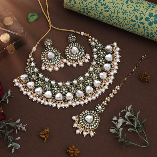 White Color Meena Work Kundan Necklace Set With Minimalist Indian Look