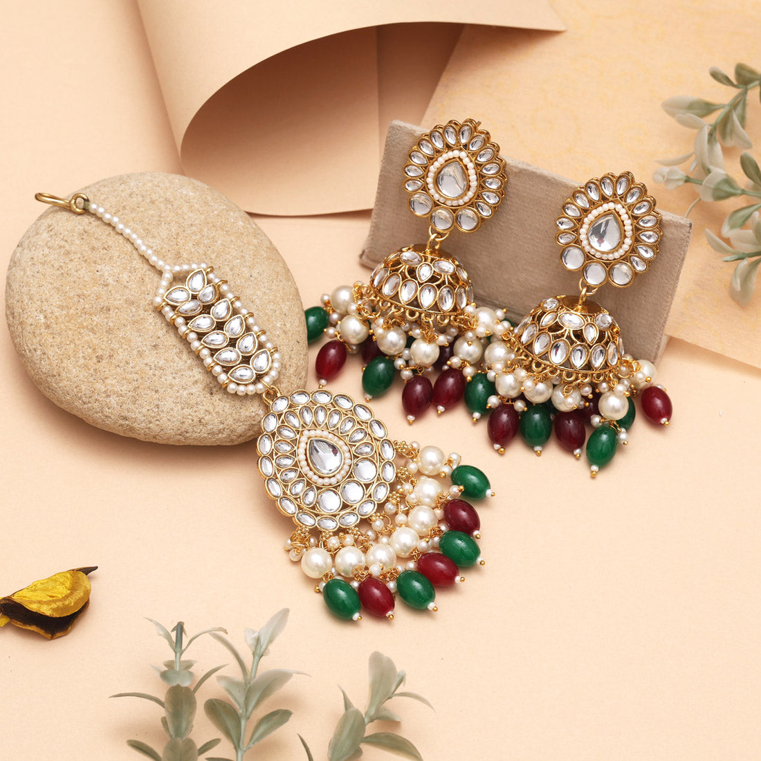 Maroon & Green Color Kundan Necklace Set Styled For Wedding Outfits