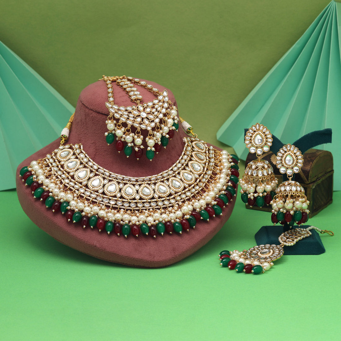 Maroon & Green Color Kundan Necklace Set Styled For Wedding Outfits