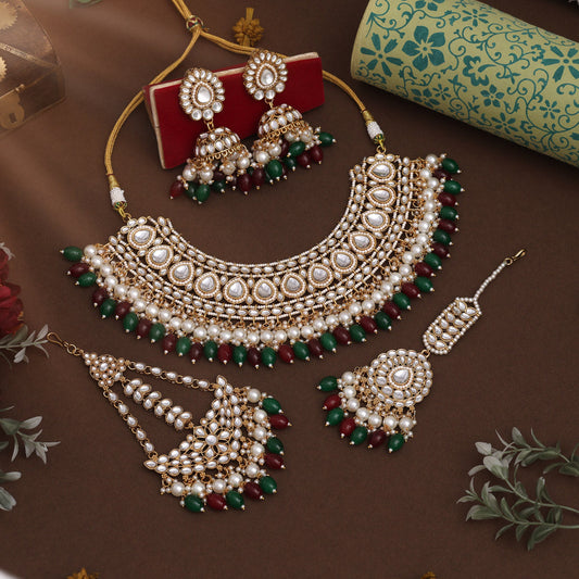 Maroon & Green Color Kundan Necklace Set Styled For Wedding Outfits