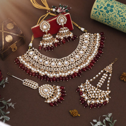 Maroon Color Kundan Necklace Set Crafted For Rich Traditional Look