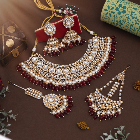 Maroon Color Kundan Necklace Set Crafted For Rich Traditional Look
