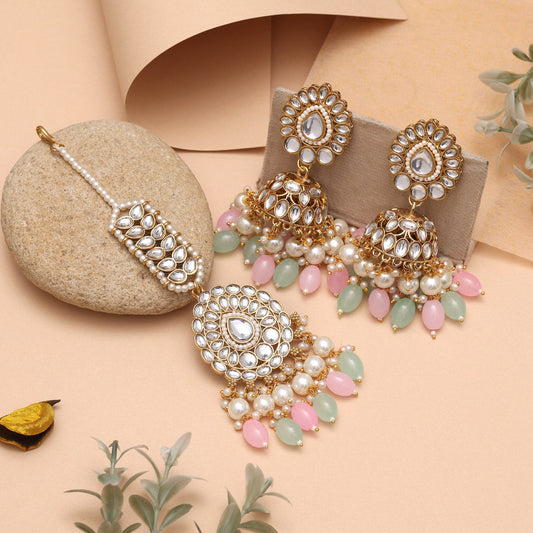 Pink & Pista Green Color Kundan Necklace Set With Fine Carving Details