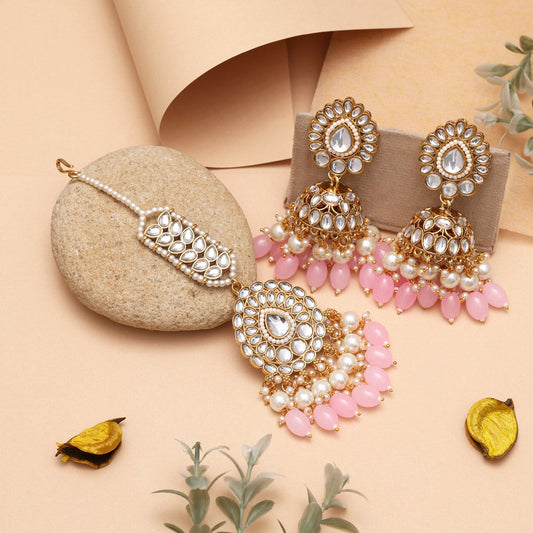 Pink Color Kundan Necklace Set With Classic Design And Sparkling Stones
