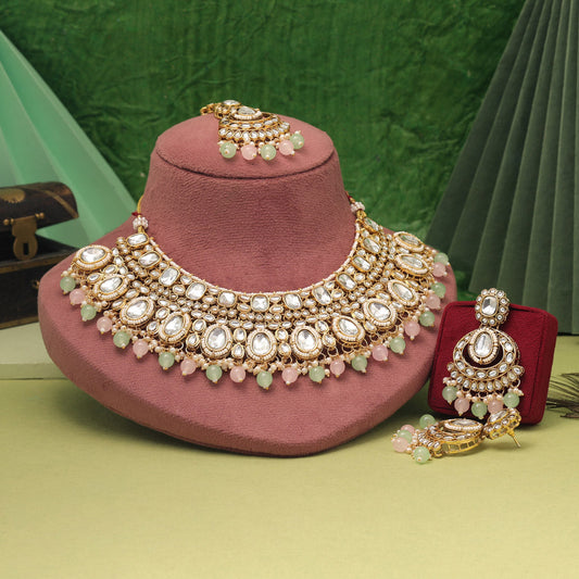 Elegant Pink & Pista Green Color Designer Kundan Necklace Set For Women