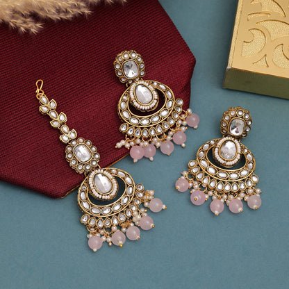 Beautiful Pink Color Kundan Necklace Set For Ethnic And Party Wear