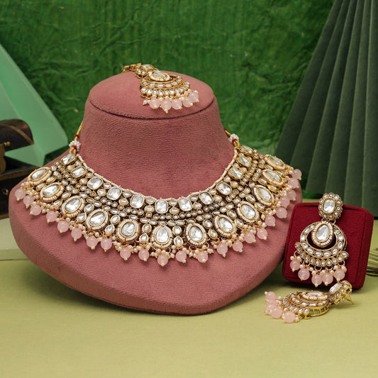 Beautiful Pink Color Kundan Necklace Set For Ethnic And Party Wear