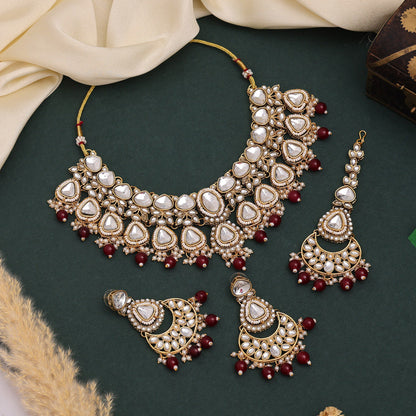 Designer Maroon Color Kundan Necklace Set For Classic Indian Outfits