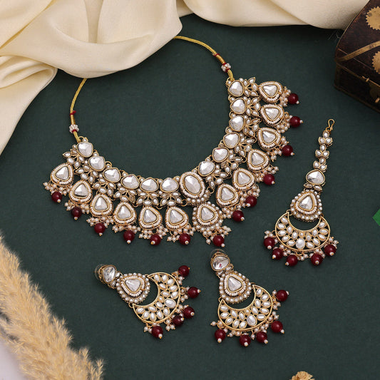 Designer Maroon Color Kundan Necklace Set For Classic Indian Outfits