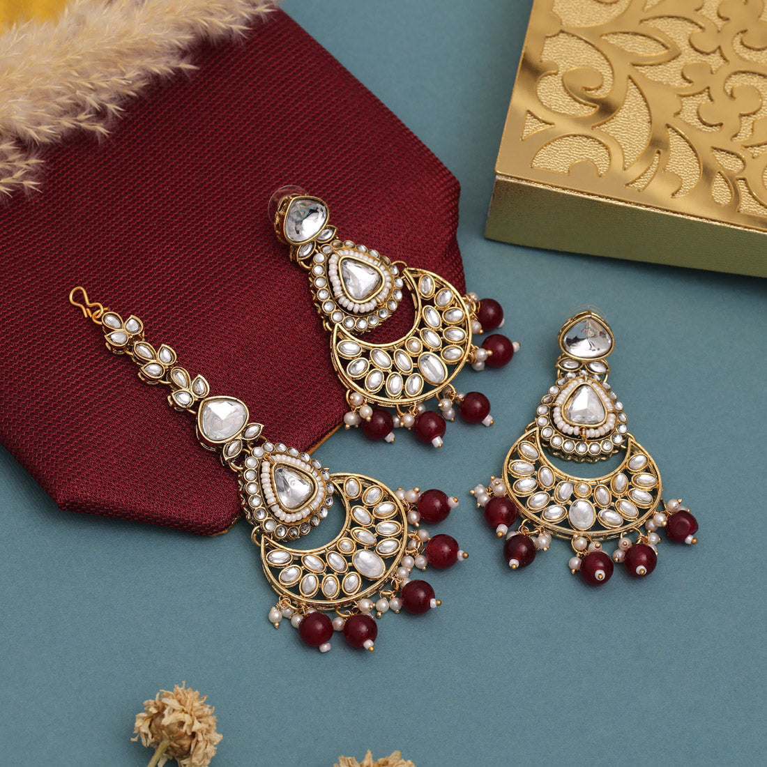 Designer Maroon Color Kundan Necklace Set For Classic Indian Outfits