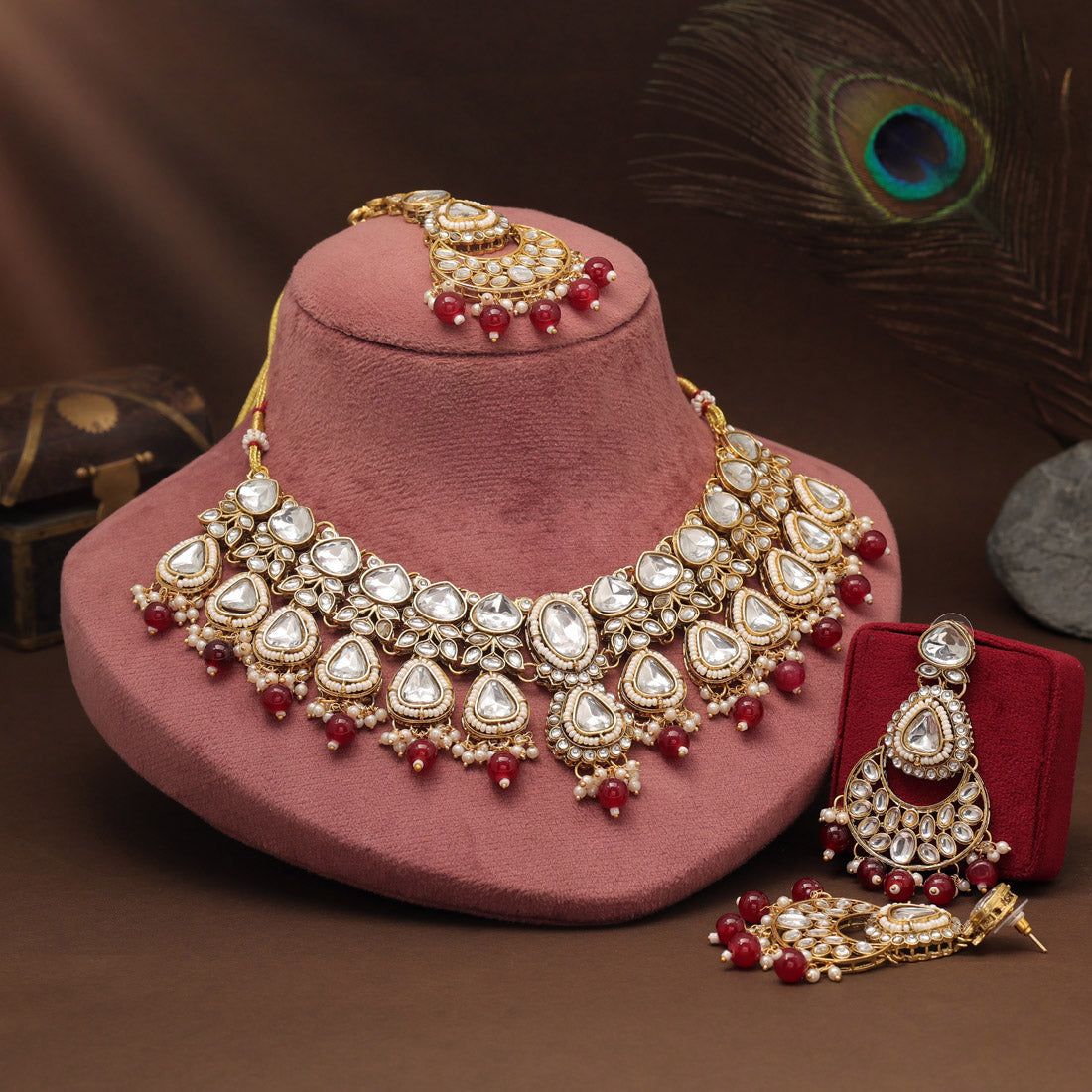 Designer Maroon Color Kundan Necklace Set For Classic Indian Outfits