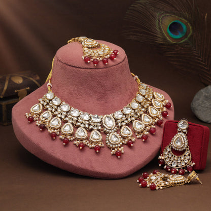 Designer Maroon Color Kundan Necklace Set For Classic Indian Outfits
