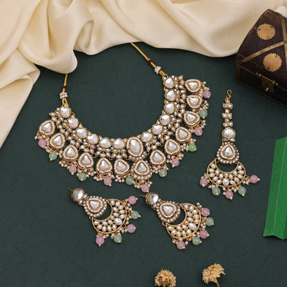 Pink & Pista Green Color Kundan Necklace Set With Pearl Embellishments