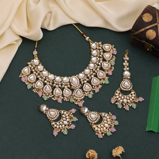 Pink & Pista Green Color Kundan Necklace Set With Pearl Embellishments
