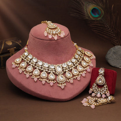 Festive Pink Color Kundan Necklace Set For Weddings And Celebrations