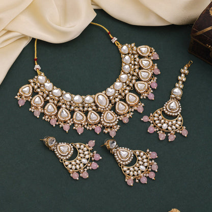 Festive Pink Color Kundan Necklace Set For Weddings And Celebrations