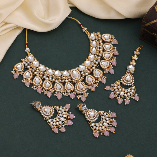 Festive Pink Color Kundan Necklace Set For Weddings And Celebrations