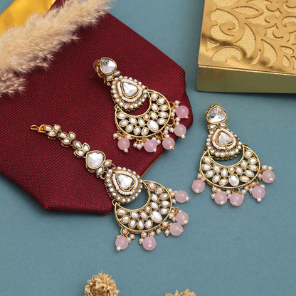 Festive Pink Color Kundan Necklace Set For Weddings And Celebrations
