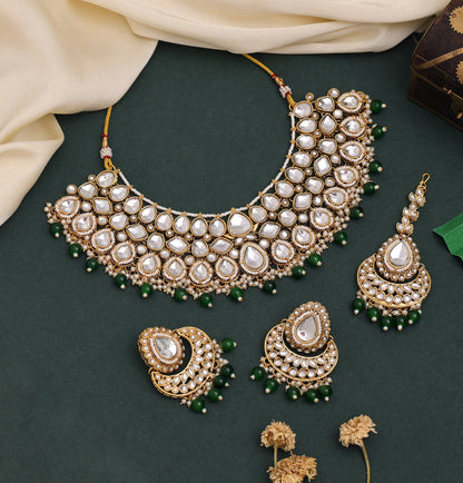 Vibrant Green Color Kundan Necklace Set For Sangeet And Mehendi Nights
