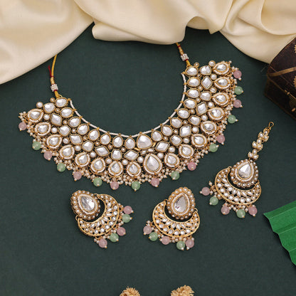 Pink & Pista Green Color Kundan Necklace Set For Modern Bridesmaids