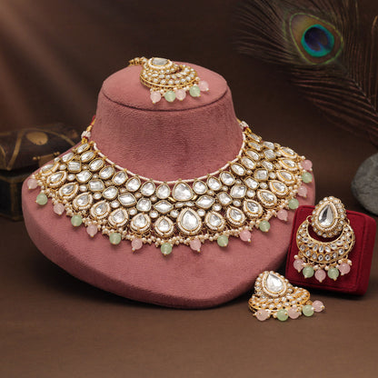 Pink & Pista Green Color Kundan Necklace Set For Modern Bridesmaids