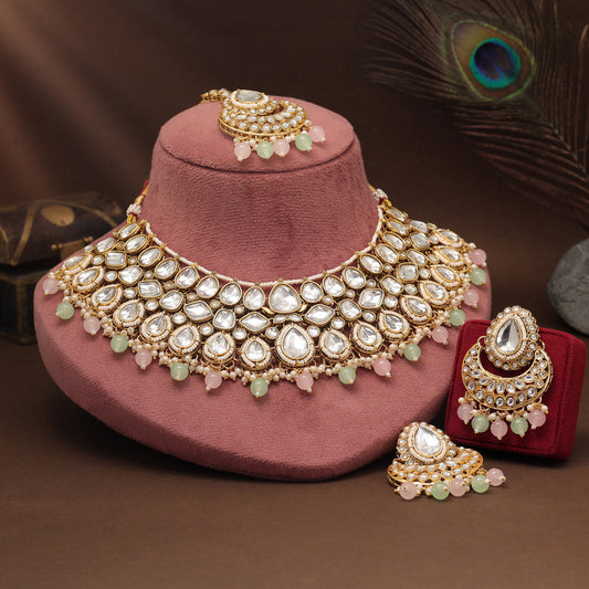Pink & Pista Green Color Kundan Necklace Set For Modern Bridesmaids