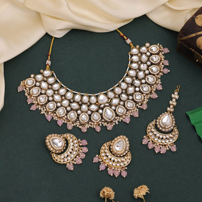 Simple Pink Color Kundan Necklace Set For Occasional Or Daily Wear