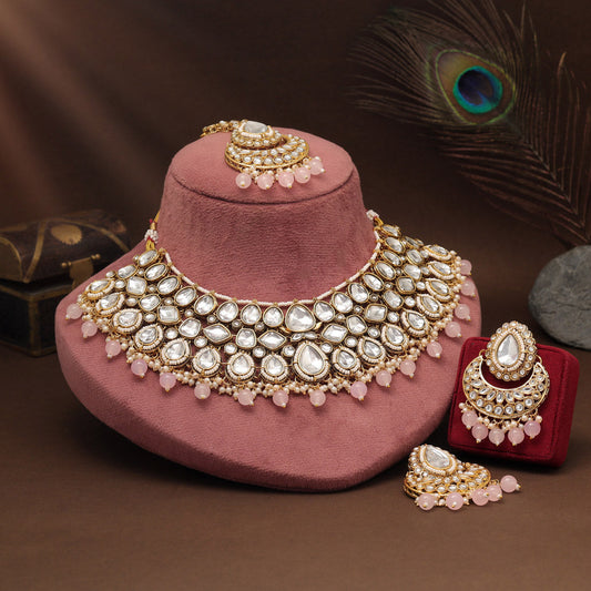Simple Pink Color Kundan Necklace Set For Occasional Or Daily Wear