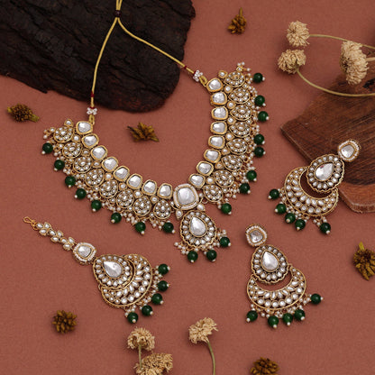 Green Color Kundan Necklace Set With Ethnic Vibes And Bold Accents