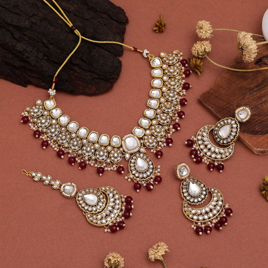 Deep Maroon Color Kundan Necklace Set For Bridal And Festival Dress