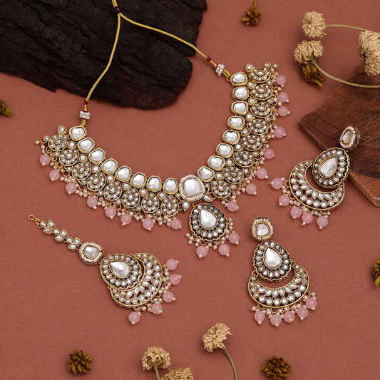 Pink Color Kundan Necklace Set For Women’S Festival And Event Wear