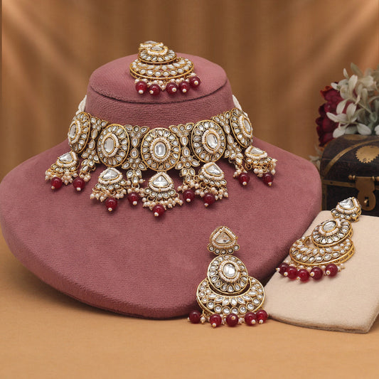 Antique Style Maroon Color Choker Kundan Necklace Set For Traditional Outfits