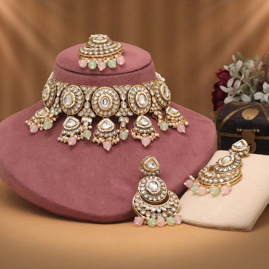 Pink And Pista Green Color Choker Kundan Necklace Set For Grand Events