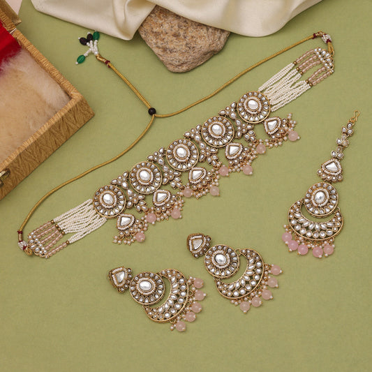 Bright Pink Color Choker Kundan Necklace Set For Traditional Party Wear
