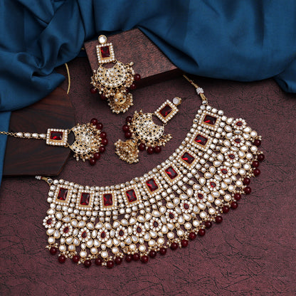 Maroon Color Kundan Bridal Necklace With Earrings & Maang Tikka (KN222MRN)