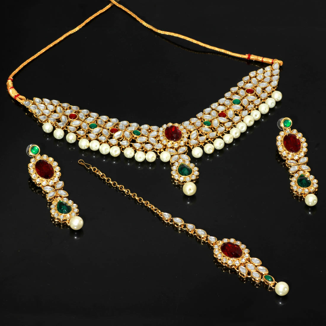 Maroon & Green Color Kundan Necklace Set (KN97MG)