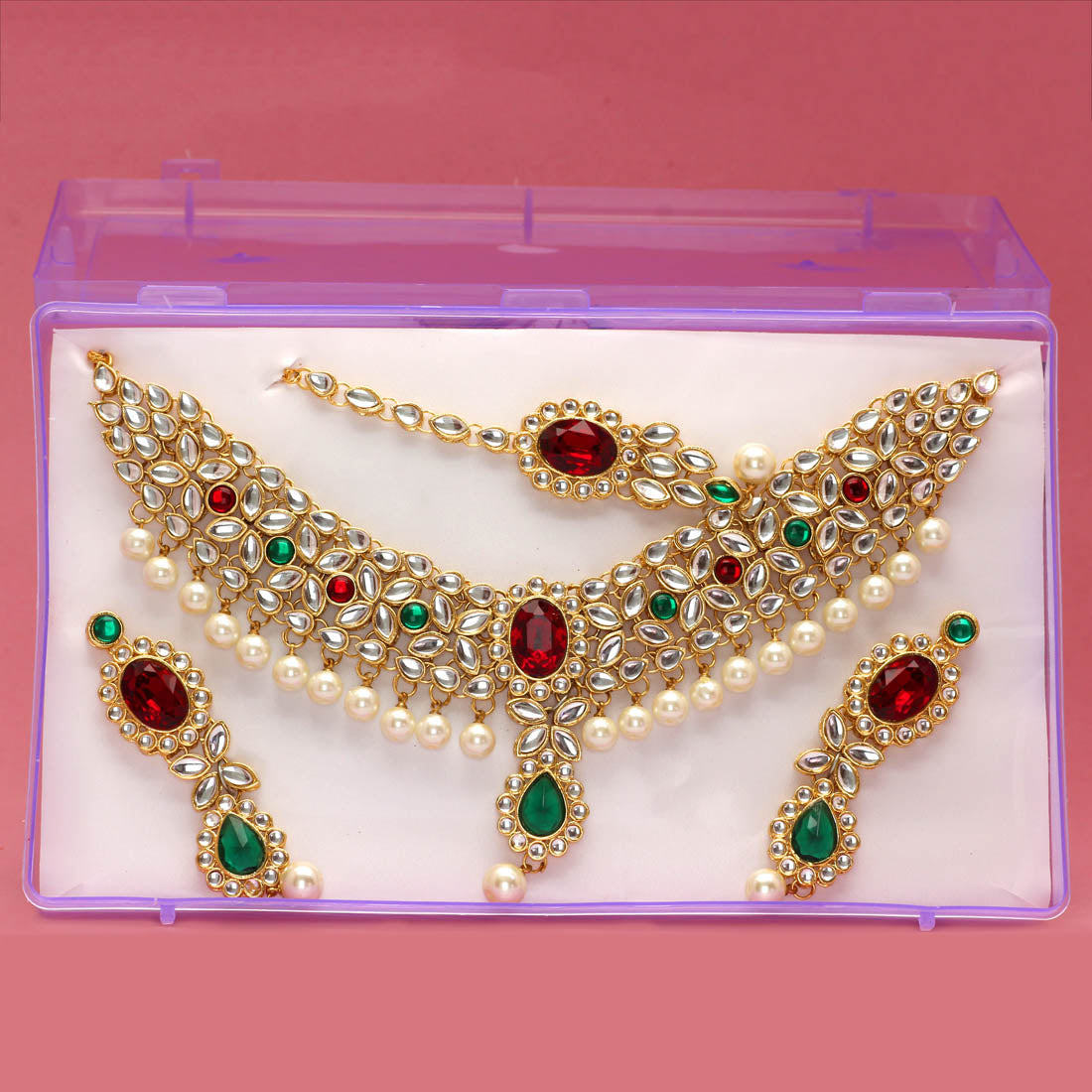 Maroon & Green Color Kundan Necklace Set (KN97MG)