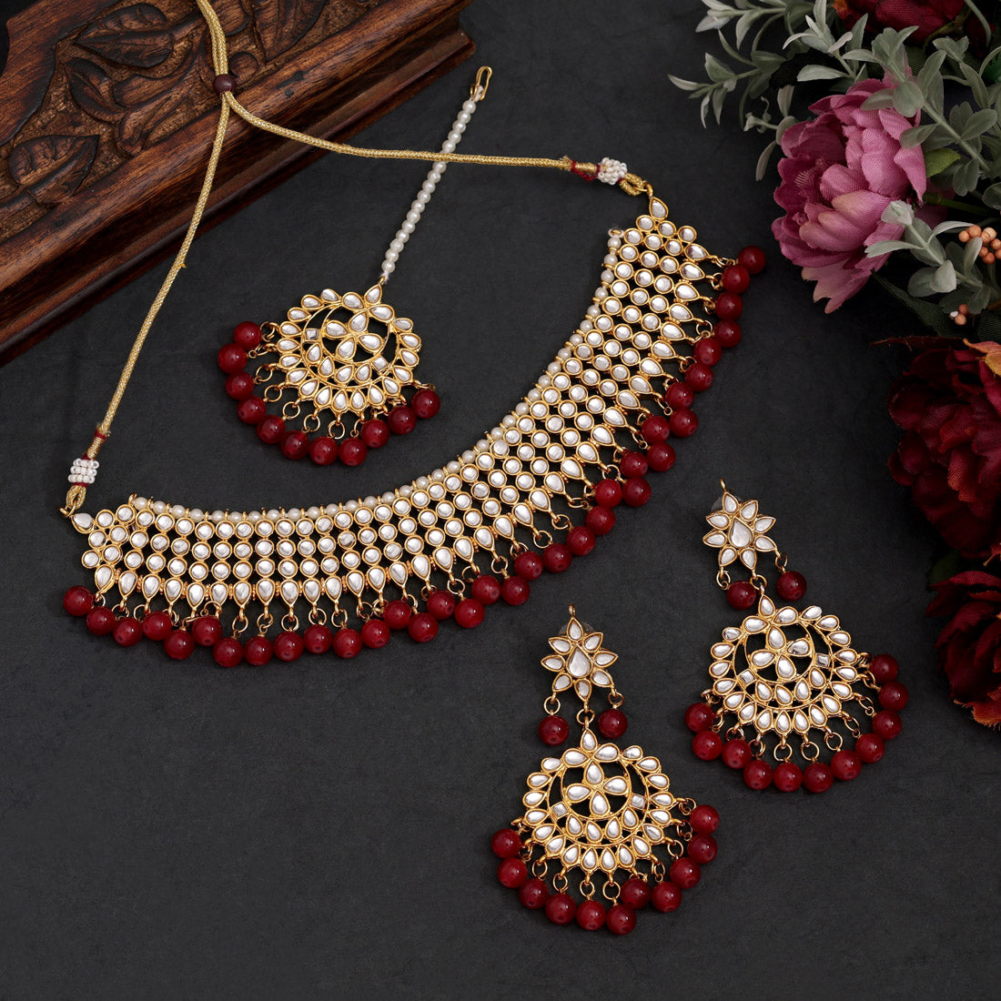 Red Color Kundan Necklace Set (KN989RED)