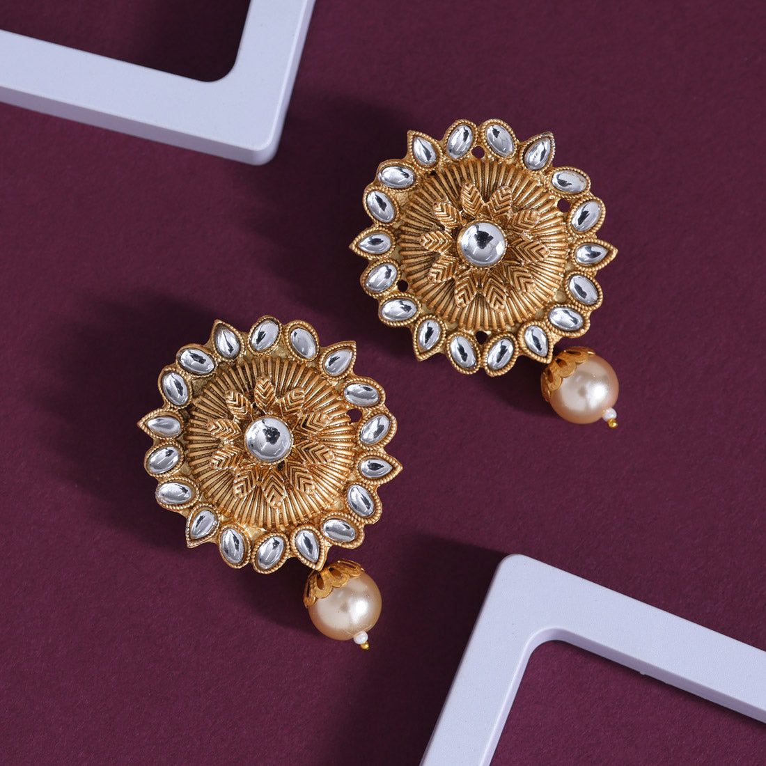 White Color Rajwadi Matte Gold Earrings (MGE310WHT)