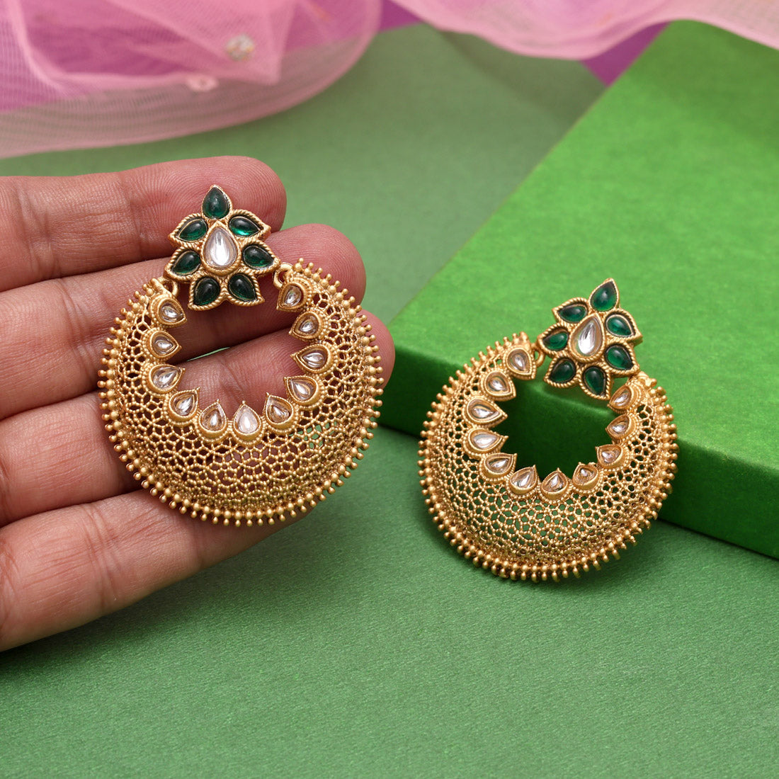 Green Color Rajwadi Matte Gold Earrings (MGE311GRN)