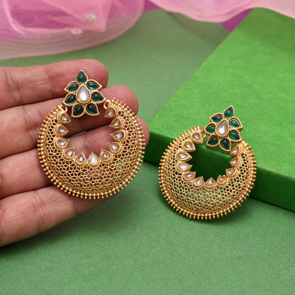 Green Color Rajwadi Matte Gold Earrings (MGE311GRN)