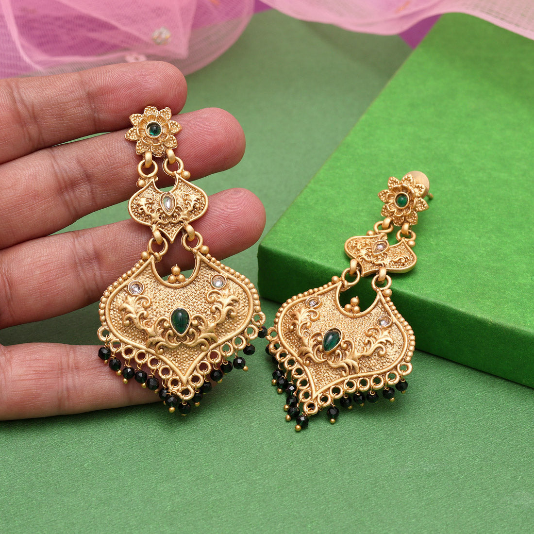 Green Color Rajwadi Matte Gold Earrings (MGE312GRN)