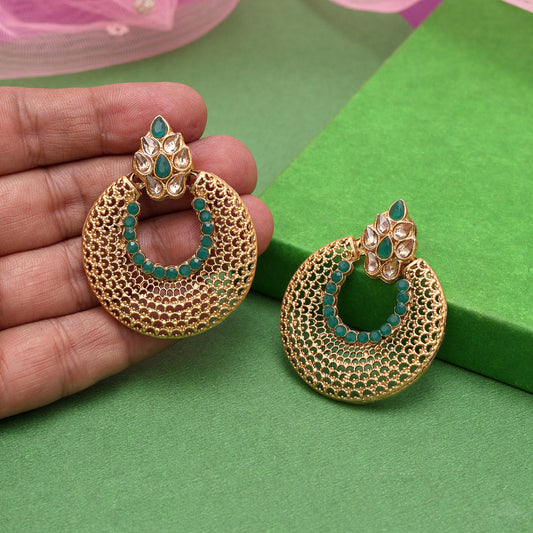 Green Color Rajwadi Matte Gold Earrings (MGE313GRN)