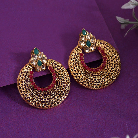 Rani & Green Color Rajwadi Matte Gold Earrings (MGE313RNIGRN)